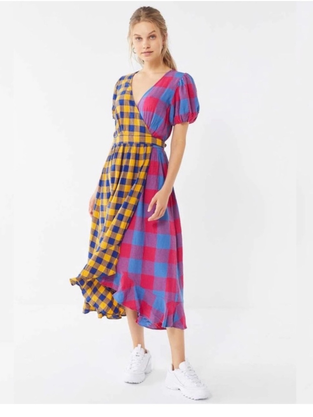 NWT Urban Outfitters Anna Linen Mixed Plaid Midi Wrap Dress